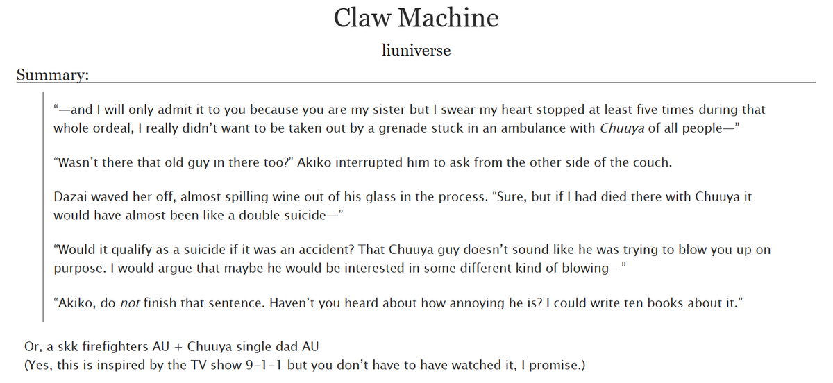 foundmywei's tweet photo. ★ skk firefighters &amp; single dad chuuya AU
☆ slow burn, and i really mean that
★ a lot of hurt/comfort (emotional &amp; physical)
☆ inspired by the TV show 9-1-1 (which you don't have to have watched)
★ 184k words, completed https://t.co/d1FoPi6TFf