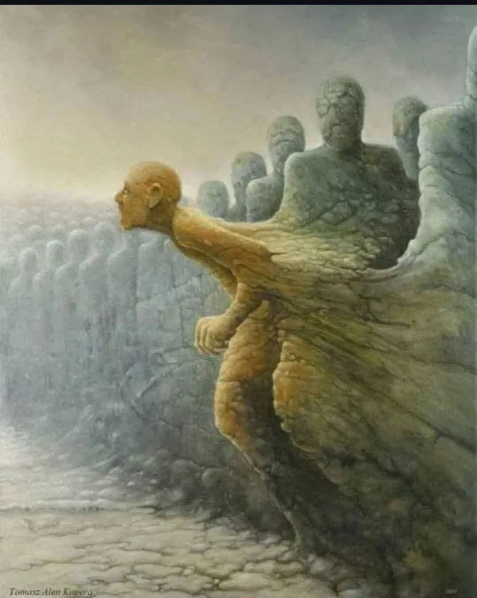 azb55's tweet photo. En etkileyici ve en trajik sanatsal tablolardan biri, Polonyalı sanatçı Thomasz Kopera’nın eseridir; çünkü bu tablo, bir bireyin toplumun büyük kısmının inandığı “sürü kültüründen” kopmaya çalışırken yaşadığı acının boyutunu gösterir.
 Özgürleşmek cesaret ve sabır gerektirir. https://t.co/ZYT8JXoaNf