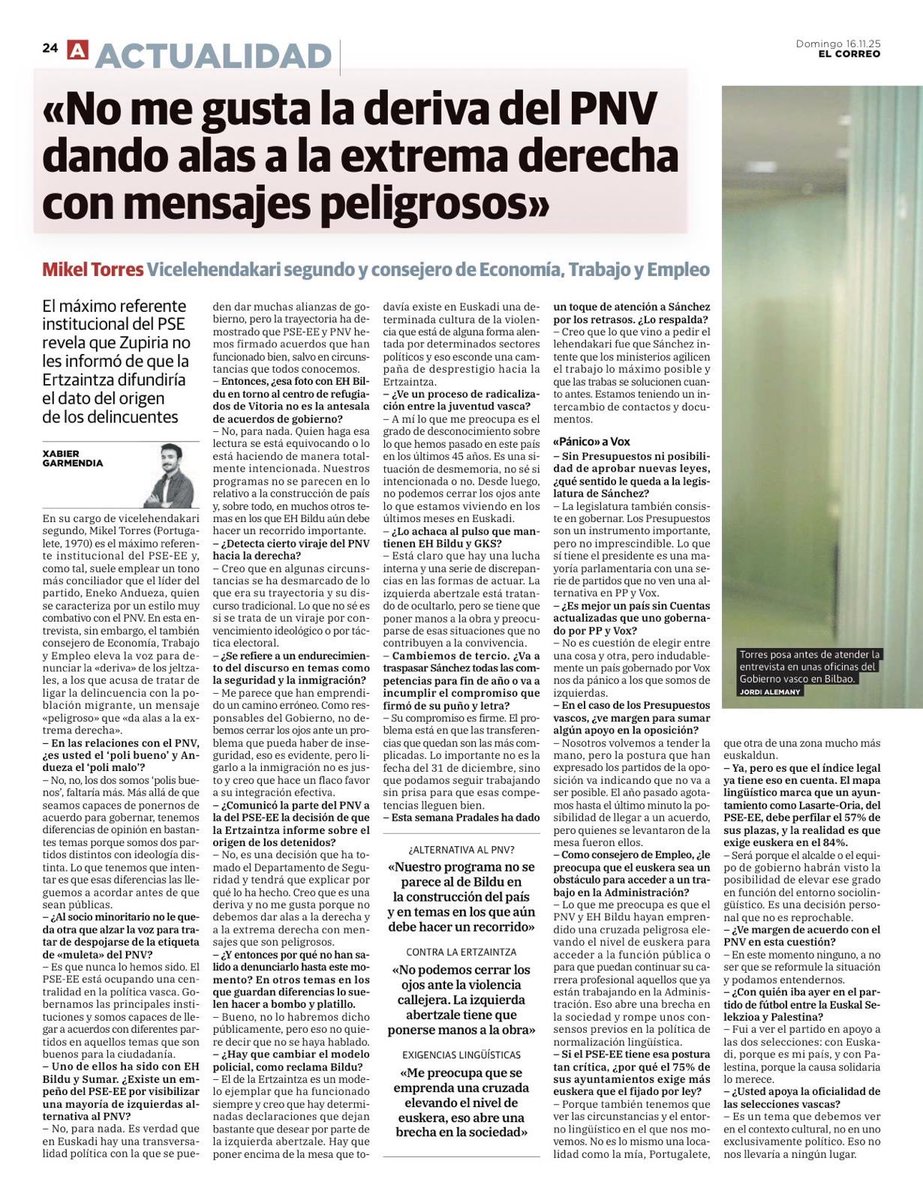 MikelTorresEJGV's tweet photo. 📰 Comparto mi entrevista que se publica hoy en @elcorreo_com , donde abordamos con claridad algunos de los retos más importantes para Euskadi.

❎ Es un error de ELA y LAB apostar por los vetos. Reivindicamos el diálogo social. 

https://t.co/FAK5xmtTDE https://t.co/H4TbnspaXV