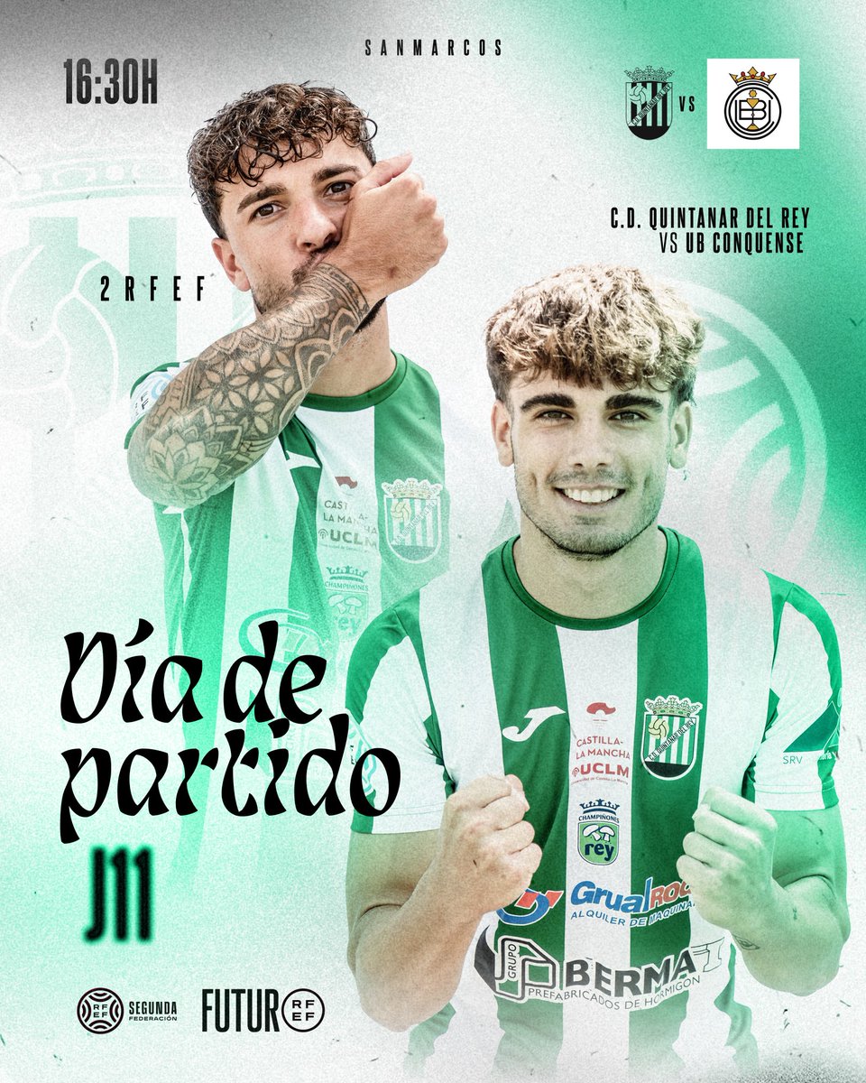 cdquintanardrey's tweet photo. MATCH DAY ➡️ JORNADA 11 📢⚽️
TEMPORADA 25/26 | #2RFEF

🕛 16:30h
🏟 San Marcos 
🆚️ @UBConquense
➡️ UB Conquense 

💚 ¡VAMOS QUINTANAR! 💚

#vamosquintanar #quintanardelrey #quintanarAle https://t.co/nAs6nvjzgk