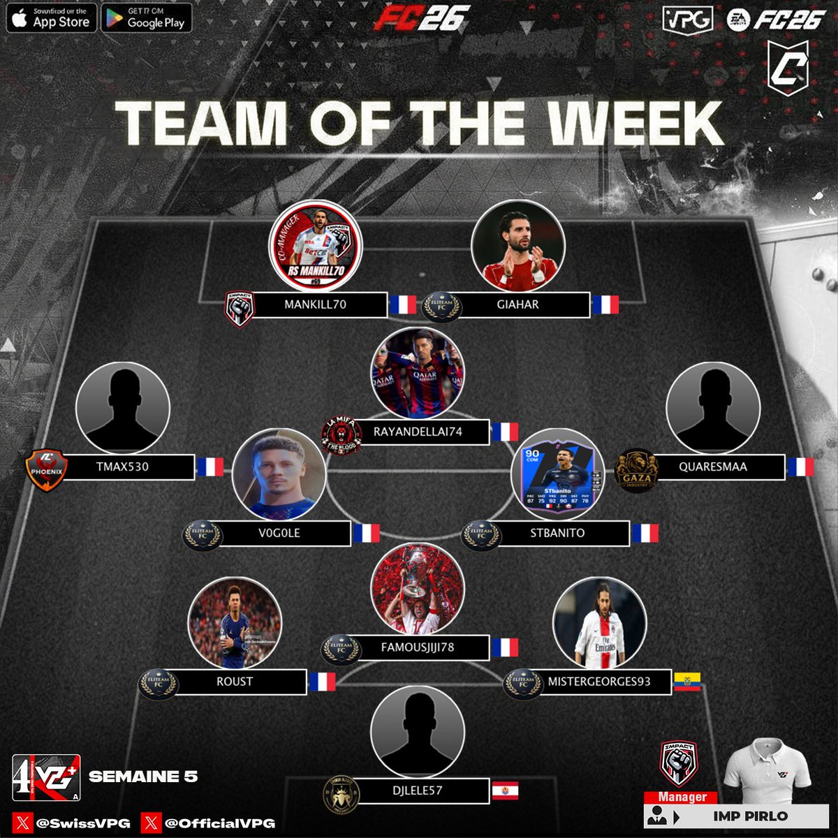 SwissVPG's tweet photo. 4️⃣ Ligue Promotion A &amp; B ⚔️Semaine 5 
🏆 TEAM OF THE WEEK – PROMOTION A &amp; B https://t.co/zJX5DDe8zt