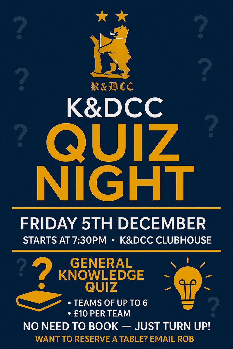 KandDCC's tweet image. NEW DATE

🎉 Join us for K&amp;amp;DCC Quiz Night on Friday 5th December!
🕢 Starts at 7:30 PM | 📍 K&amp;amp;DCC Clubhouse
👥 Teams up to 6 | 💷 £10 per team
No booking needed — just turn up!
Reserve a table? Email Rob Plaister.

#LocalEvents #TMH 🟢🟡