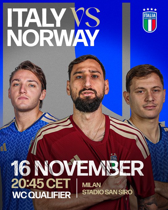 Graphic with blue background divided into sections showing Italian flag on right and Norwegian flag elements on left text ITALY vs NORWAY in white bold letters at top three Italian football players visible one young man with short hair in blue uniform on left middle older man with beard in red uniform center young man with longer hair in blue uniform on right all facing forward with serious expressions stadium name MILAN SAN SIRO in gold text below players date 16 NOVEMBER time 20:45 CET and WC QUALIFIER in gold at bottom.