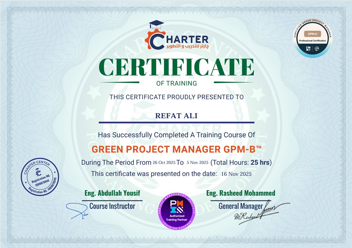 Green Project Management (GPM-b) certified with <a href="/Chartercenter1/">Charter for Training |ميثاق المعرفة للتدريب</a>. Ready to apply it in sustainable value chains and development projects in Yemen. together with local partners, stakeholders, and the private sector. Thanks <a href="/abdomnce/">Abdalla Yousif -MSc, PMO-CP, CCP,VMA, PMP,RMP</a> . #ProjectManagement #Sustainability