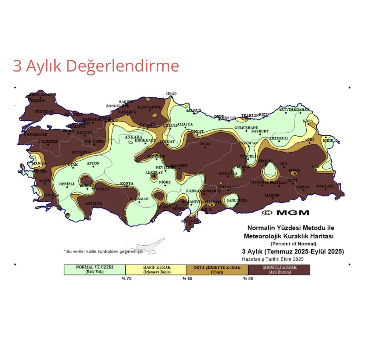 tarimyazari's tweet image. Şiddetli kuraklık devam ediyor

Meteoroloji Genel Müdürlüğü’nün kuraklık haritalarına göre Ekim ayında;
- Trakya, Marmara, Akdeniz  ve Güneydoğu Anadolu’nun tamamı,
- İç Anadolu ve Doğu Anadolu’nun büyük bölümü 
- Ege’de lokal düzeyde 
ŞİDDETLİ KURAKLIK (acil durum) yaşandı.
👇👇