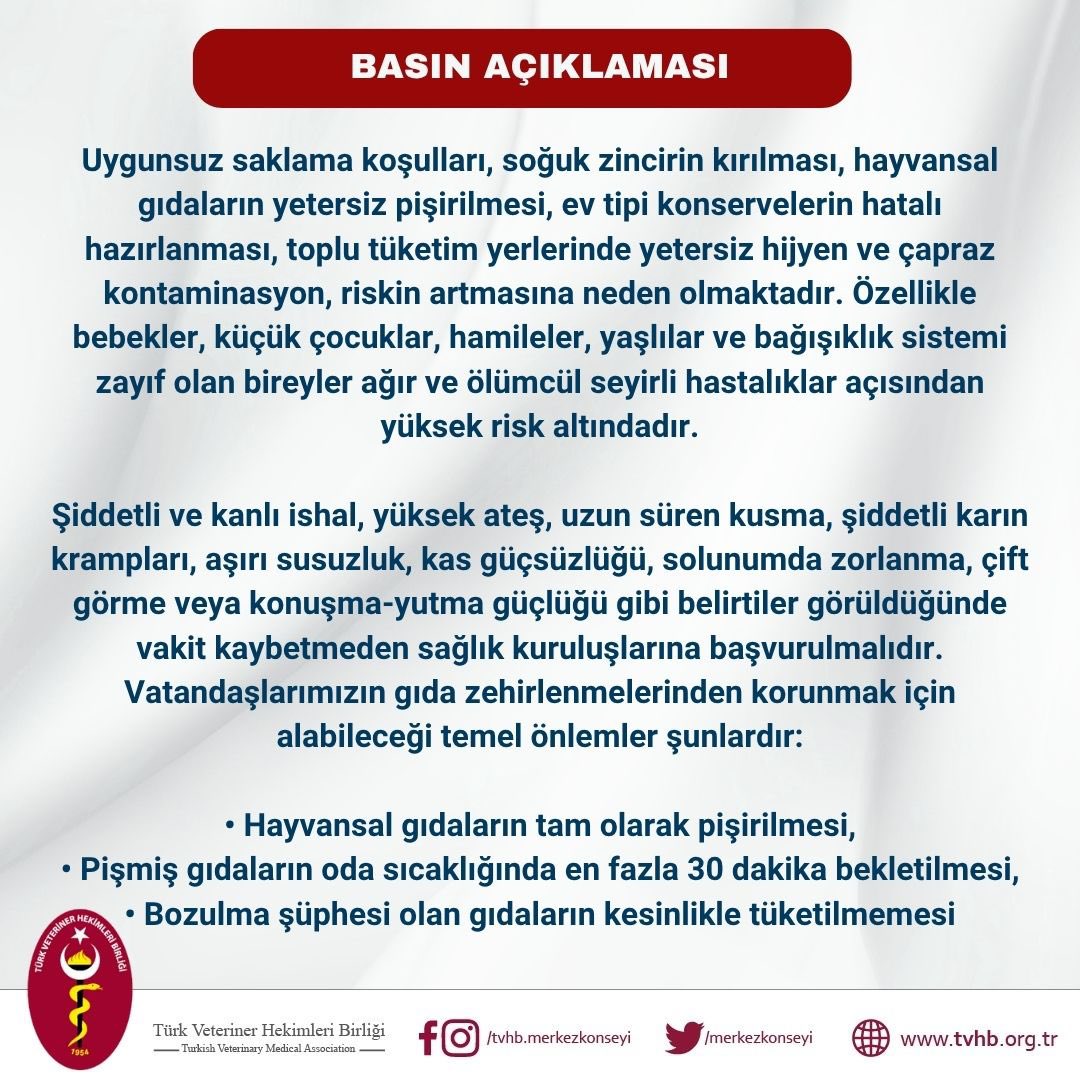 En son İstanbul’da olmak üzere son günlerde art arda meydana gelen gıda kaynaklı zehirlenme vakalarında pek çok kişi etkilenmiş ve can kayıpları meydana gelmiştir. Bu nedenle, gıda güvenliği, zoonotik hastalıklar ve halk sağlığı alanındaki mesleki sorumlulukla Türk Veteriner