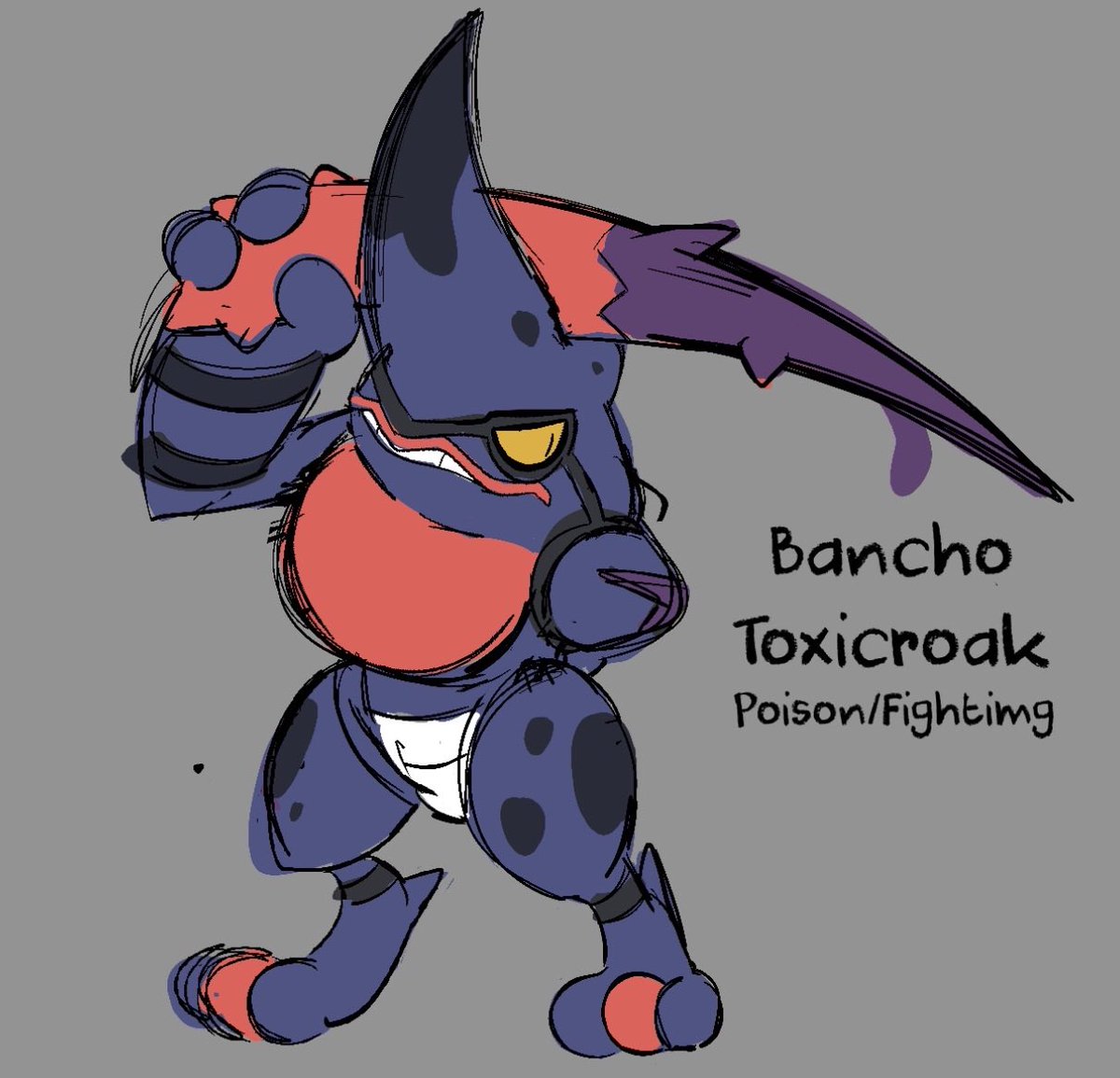 Fuck it throwing my hat in the ring for the Deviant pokemon challenge.
So yeah bancho toxicroak born with only one arm it grew reliant on only one claw which caused it to grow huge and eventually break due to over use. Now it uses its broken talon as a weapon