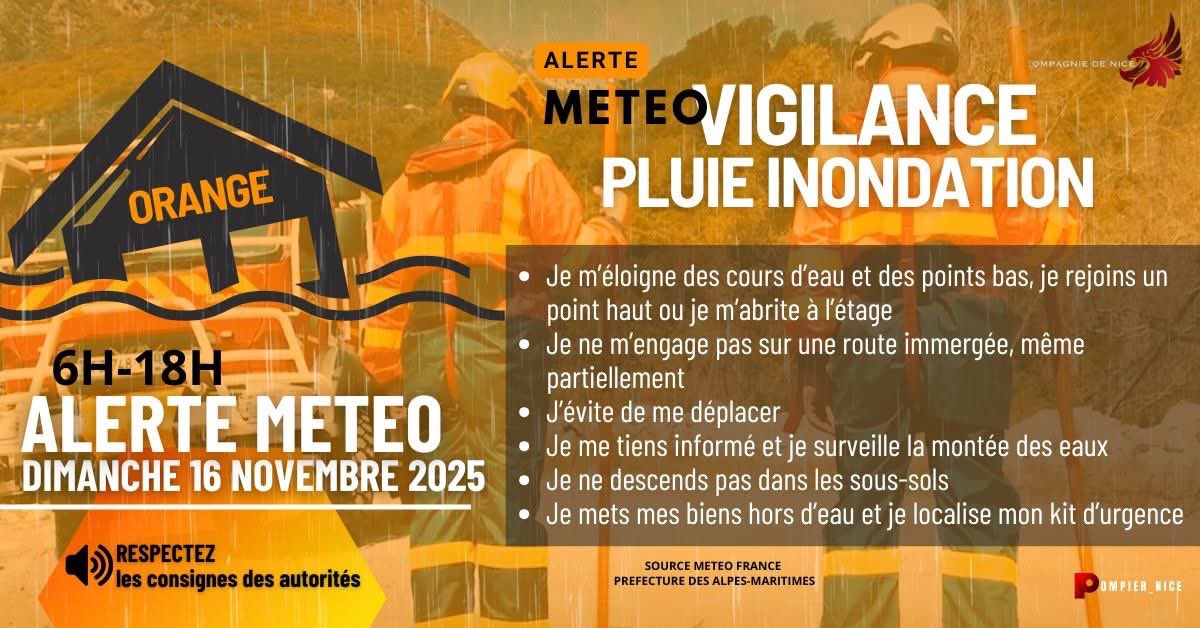 pompier_nice's tweet image. 🟠Vigilance orange &quot;pluie-inondation&quot; ce dimanche 16 novembre 🌧️
Prudence ⚠️
 #alpesmaritimes
#pompier_nice #vigilanceOrange