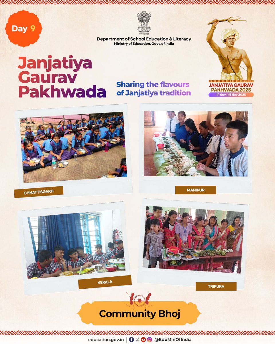 EduMinOfIndia's tweet image. On the ninth day of Janjatiya Gaurav Pakhwada, schools across the nation organised Community Bhoj events, bringing students and community members together to share meals that included traditional tribal recipes.

This initiative fostered a sense of unity and appreciation for the…