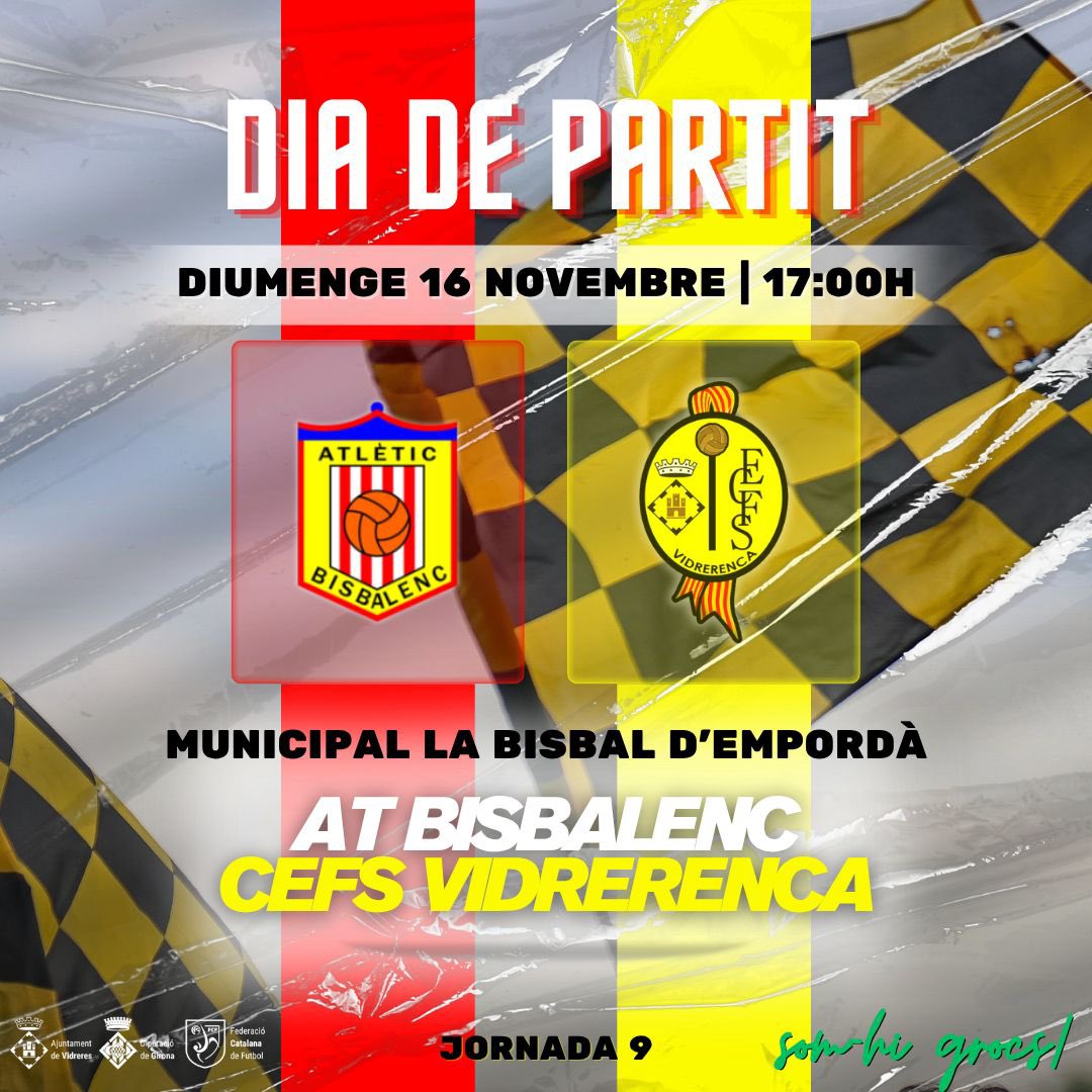 ⚽️ D I A   D E   P A R T I T ⚽️

🆚 <a href="/AtlBisbalenc/">Atlètic Bisbalenc</a> 
🏟 Camp Mpal de La Bisbal d'Empordà
🕔 17:00h
👨🏻‍⚖️ Aleix Quintana Batllori
⚔️ #2cat1

#somhigrocs