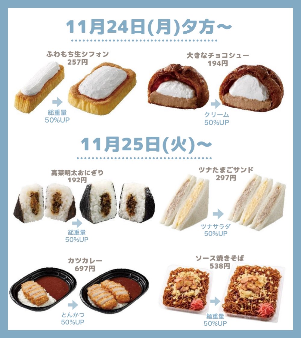 おっっローソンの神イベきたきたきたー‼️
値段そのままで50％増量ﾔﾊﾞ‼️‼️
明日からの発売スケジュールどぞ(ദ്ദി ᴖ⩊ᴖ )