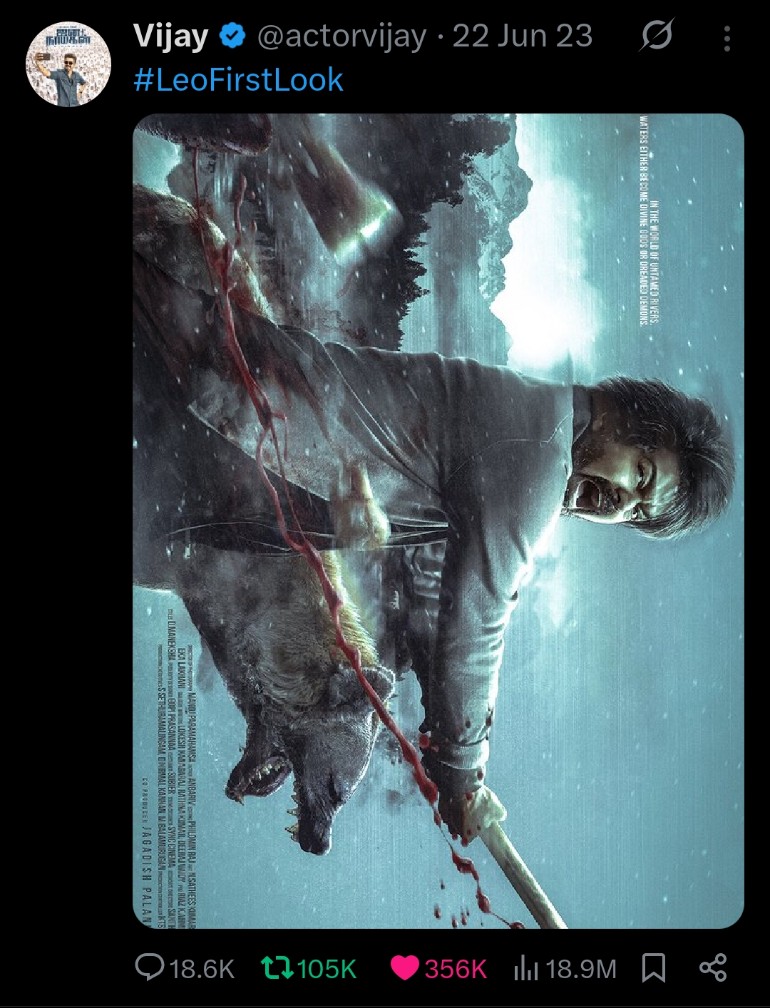 aestheticpazham's tweet photo. @UrsHemanthKiara @urstrulyMahesh @ssrajamouli #LEOFirstLook -
@actorvijay handle - 356k 
@Dir_Lokesh handle - 275k

Only and only FL in history of world  to reach this likes https://t.co/IdEk4aH2jf