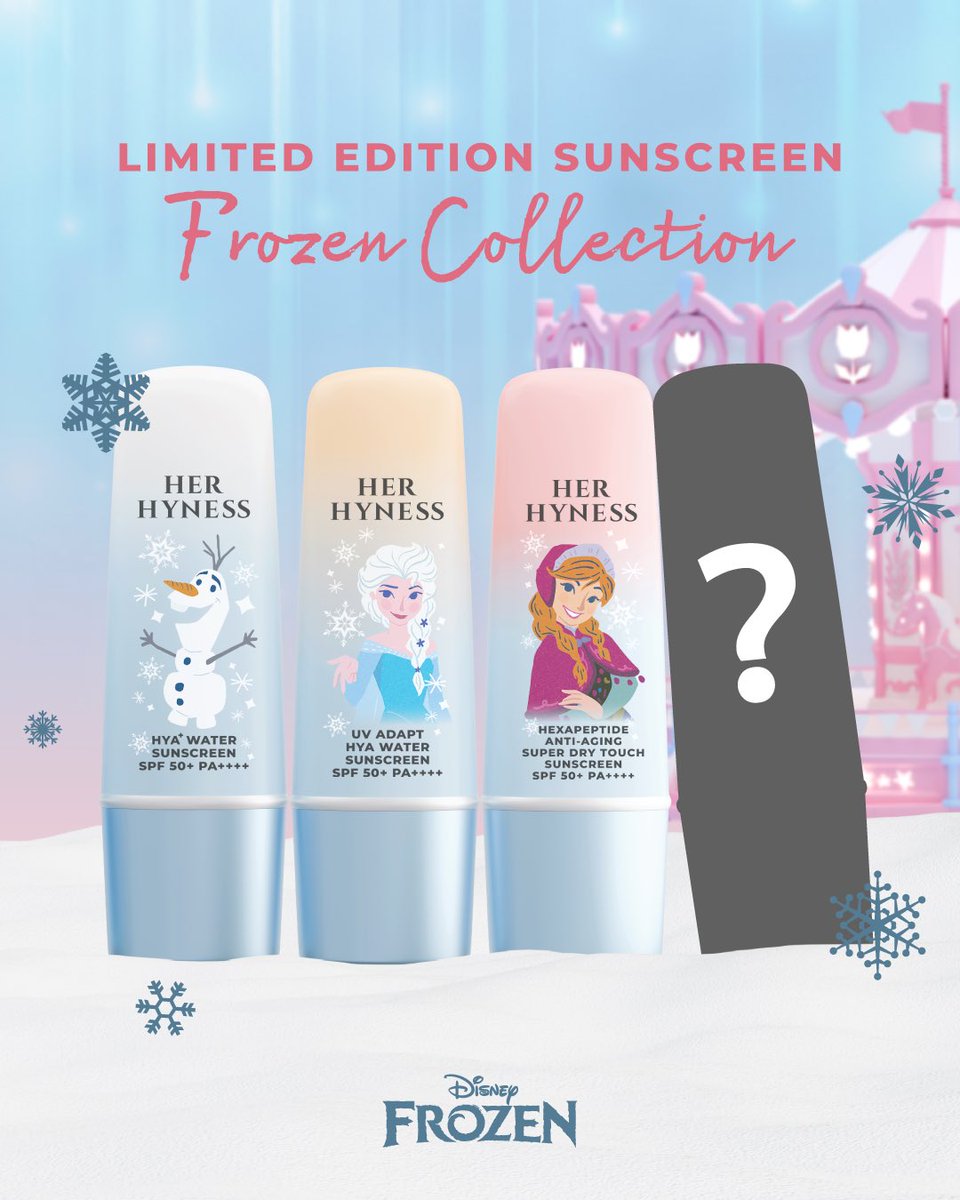 HerHynessBeauty's tweet photo. ❄️ Her Hyness Frozen Collection Sunscreen ❄️
กันแดดเนื้อเบาที่สุดมาพร้อมลายสุดคิ้วท์ 🔆
Exclusive ส่งท้ายปี!!

มาครบ 3 สูตร 3 ลาย ตอบโจทย์ทุกไลฟ์สไตล์
และ พิเศษ!  “กันแดด ลาย Secret Character”  ให้ทุกคนได้ลุ้นเป็นเจ้าของ! 💫

☃️Hya+ - Olaf สโนวแมนที่ทำให้ทุกคนอบอุ่นหัวใจ กันแดดเนื้อน้ำ เบาที่สุด! กันแก่ กัน PM2.5 ไม่อุดตัน แต่งหน้าต่อได้เลย ไม่กวนเมคอัพ💕  🌬UV Adapt - Elsa เจ้าหญิงแห่งเวทมนตร์น้ำแข็งผู้สง่างาม กันแดดเนื้อเซรั่ม บูสต์ผิวให้กันแดดได้เองนาน 6 ชม. ไม่ต้องทาซ้ำ  กันเหงื่อ เหมาะมากกับแดดเมืองไทย 🔥 
👸🏻Hexapeptide - Anna เจ้าหญิงสดใส อบอุ่น มองโลกในแง่ดี 
กันแดดเนื้อแมตต์ แห้งไวใน 15 วิ กันน้ำ กันเหงื่อ 80 นาที
เหมาะสุดๆ สำหรับสาย Outdoor แถมช่วยลดริ้วรอยไปในตัว

🍀 สูตรคลีน อ่อนโยน สำหรับผิวแพ้ง่าย ปราศจากแอลกอฮอล์ น้ำหอม พาราเบน และสารเคมีอันตรายกว่า 2,100 ชนิดตามมาตรฐาน EU 
✅ มั่นใจกันแดดได้จริง! การันตี SPF50+ PA++++ จากผลทดสอบ In Vivo บนผิวคน และ In Vitro ในห้องแล็บด้วยมาตรฐานระดับโลก ISO 24443 และ ISO 24444

#HerHyness #No1CleanBeauty #HerHynessFrozenCollection
#HerHynessกันแดดของหลิง
#HerHynessNo1Sunscreen
#CTWTheMagicalStars2026
#เที่ยวดิสนีย์ที่เซ็นทรัล
#disneythailand 
#HerHynessกันแดดของหลิง