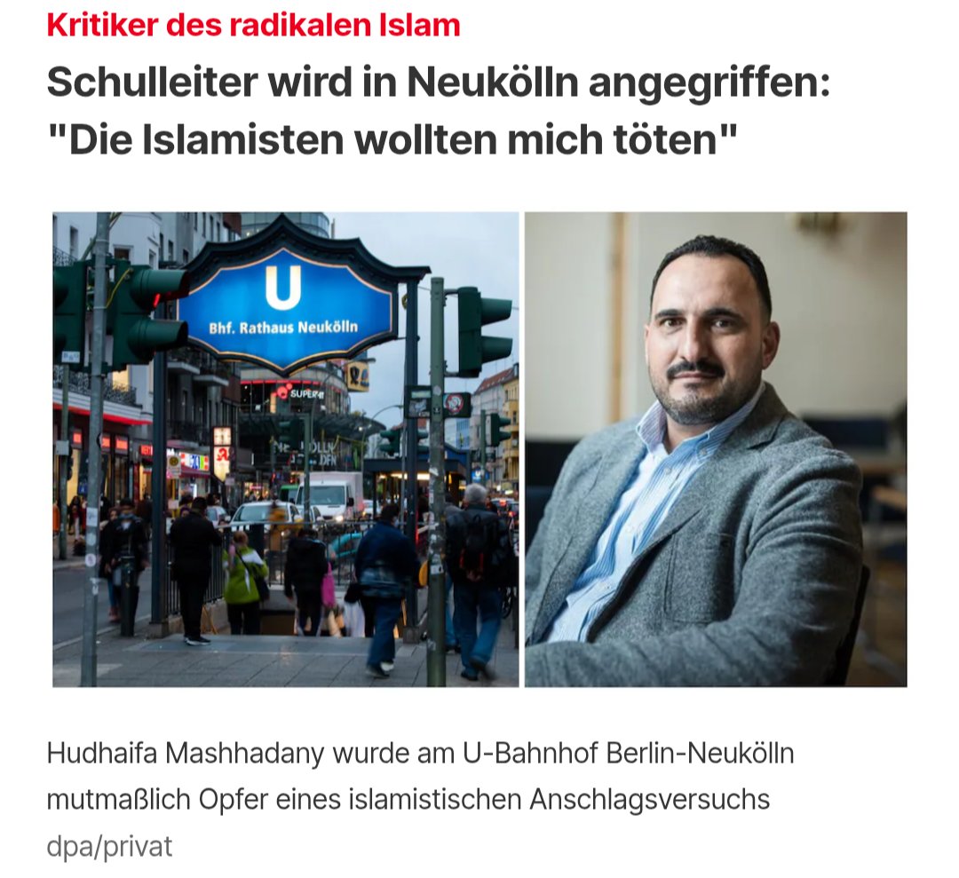 Der Leiter der deutsch-arabischen Schule in Berlin-Neukölln, Hudhaifa Al-Mashhadani, ist am Freitag am U-Bahnhof Rathaus Neukölln angegriffen worden. Nach seinen Angaben attackierte ihn ein unbekannter Mann am Vormittag völlig unvermittelt. Der Täter soll ihn dabei in Richtung