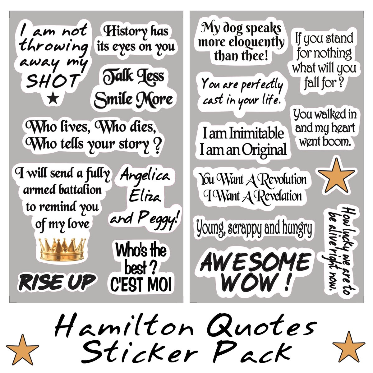 Clever_Gifts's tweet image. Hamilton The Musical Sticker Pack, Hamilton Quotes, Hamilton Musical Fan Gift.  18 Sticker Quotes from Hamilton. FREE POSTAGE tuppu.net/68987d25  #ThomasJefferson