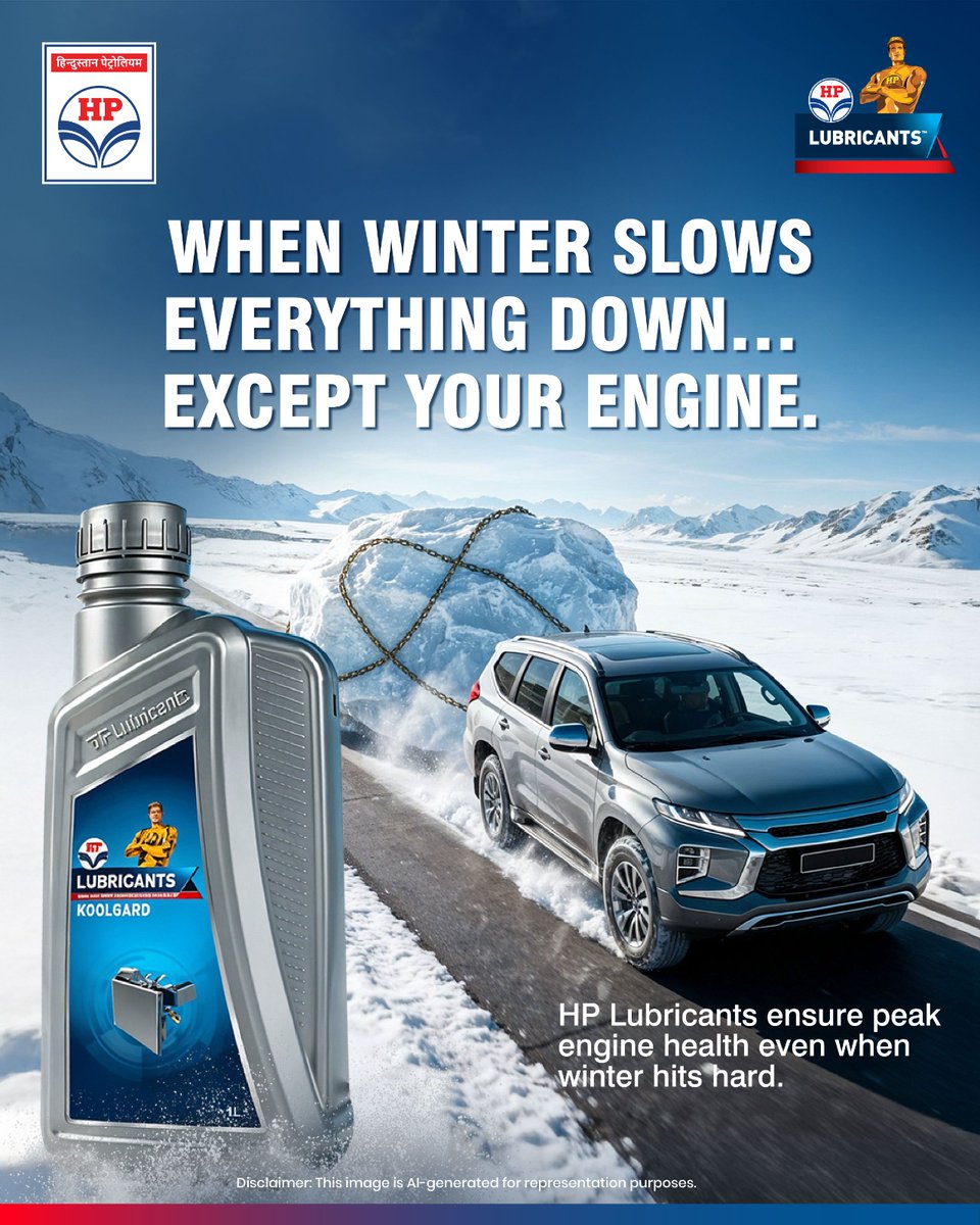 HPCL's tweet image. When winter freezes the world outside, your engine stays unstoppable with HP Lubricants. ❄️

Engineered to protect, perform, and power every ride — even in the coldest mornings.

Because reliability never goes out of season.

#HPCL #HPLubricants #WinterReady #EngineProtection…