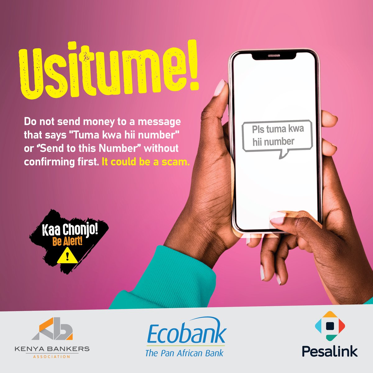 EcobankKenya's tweet image. 🚫 Usitume bila kuthibitisha!
Pause and Confirm.
Stay alert, Stay safe. #KaaChonjo #EcobankKE #BlackNovember