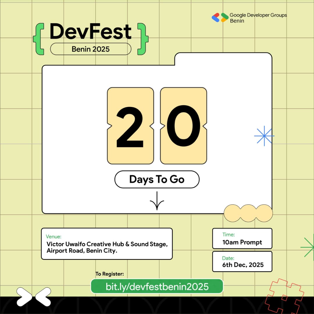 gdgbenin's tweet photo. The energy is rising.
The intensity is increasing.
Only 20 days left until Benin City's biggest tech event.
Don't miss out.
Reserve your seat now:
https://t.co/Z7NYE4qnbJ
#DevFestBenin #Tech #BeninCity https://t.co/iWJCIfIylY