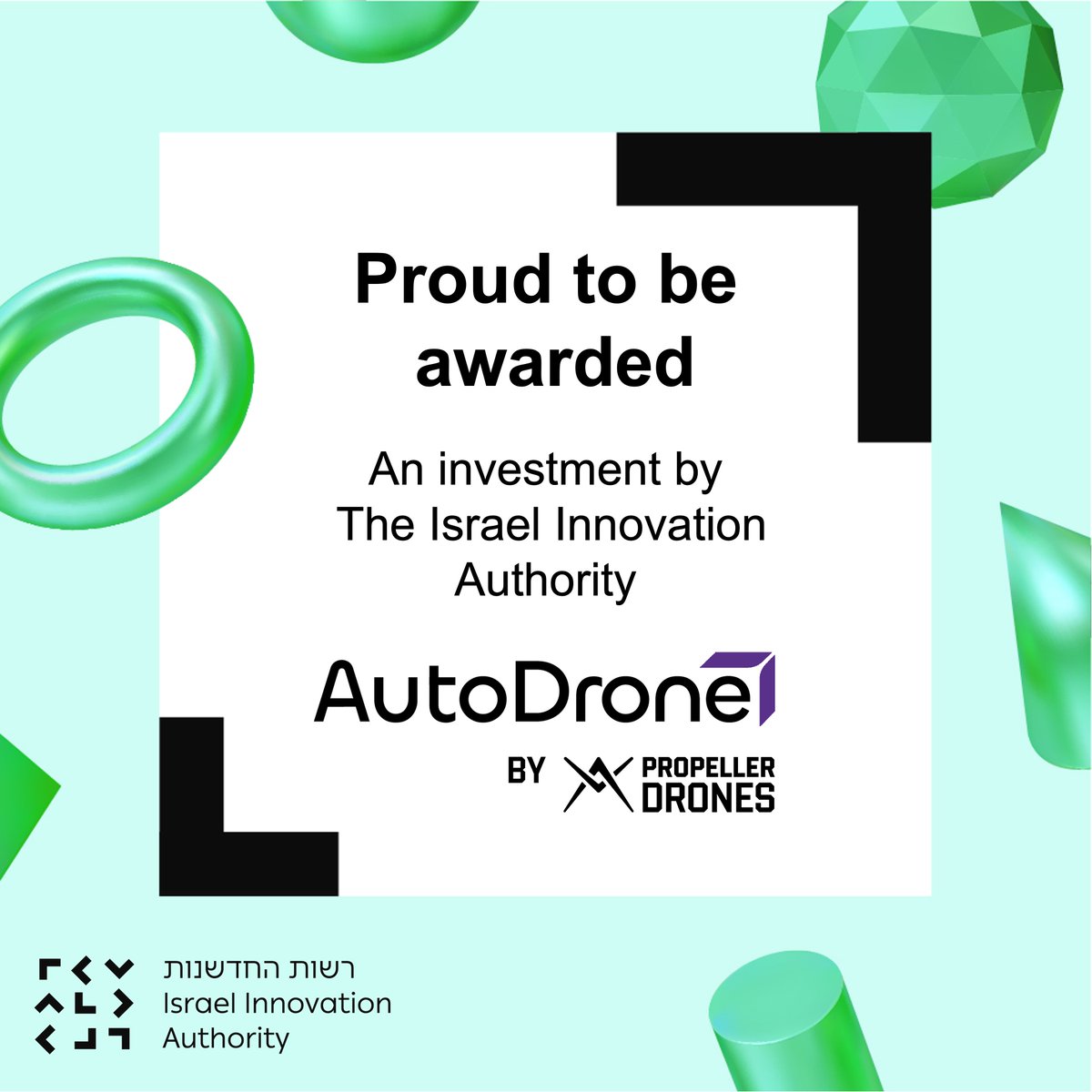 PropellerIL's tweet image. גם רשות החדשנות בישראל מבינה את החשיבות בשימוש ברחפנים, ובפרט ברחפנים אוטונומיים, בשלל תחומים ותעשיות - ולכן החליטה להצטרף אלינו להשקעה משותפת ב-AutoDrone. זו הבעת אמון בידע המקצועי, היכולות הטכנולוגיות ורמת השירות והאמון שאנחנו מציעים ללקוחותינו.