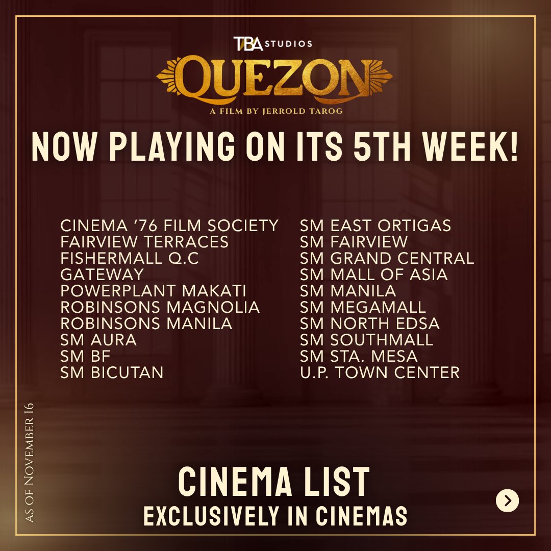 TBAStudiosPH's tweet photo. My friend, huwag mo nang antayin ang #QUEZON sa online streaming platforms... kaya manood na sa mga sinehan! π
QUEZON still showing in the cinemas for the 5TH WEEK! π€©β€οΈ
β¬οΈ (See updated cinema list below!)
#Bayaniverse #TBAStudios #JerichoRosales #MonConfiado https://t.co/kMKjQDxCdO