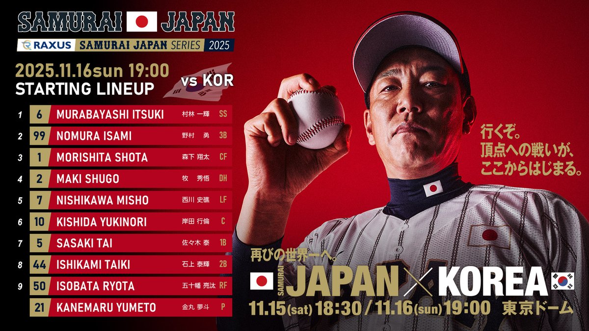2025.11.16 ﾗｸﾞｻﾞｽ 侍JAPANｼﾘｰｽﾞ2025 🇯🇵日本 VS 韓国🇰🇷 #侍ジャパン