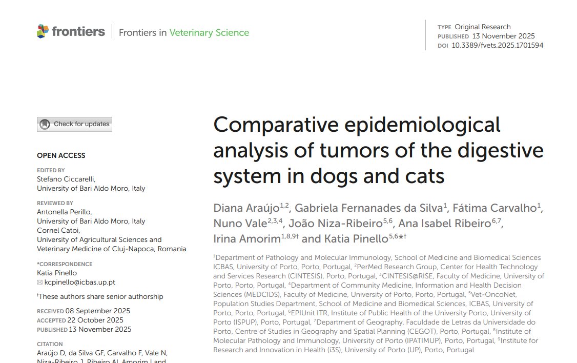 🐾 Animal health matters — pets are companions and sentinels of environmental health.
📍 New Vet-OncoNet study maps digestive system tumors in dogs &amp; cats across Portugal: higher rates in urban areas, lower inland.

frontiersin.org/journals/veter…
