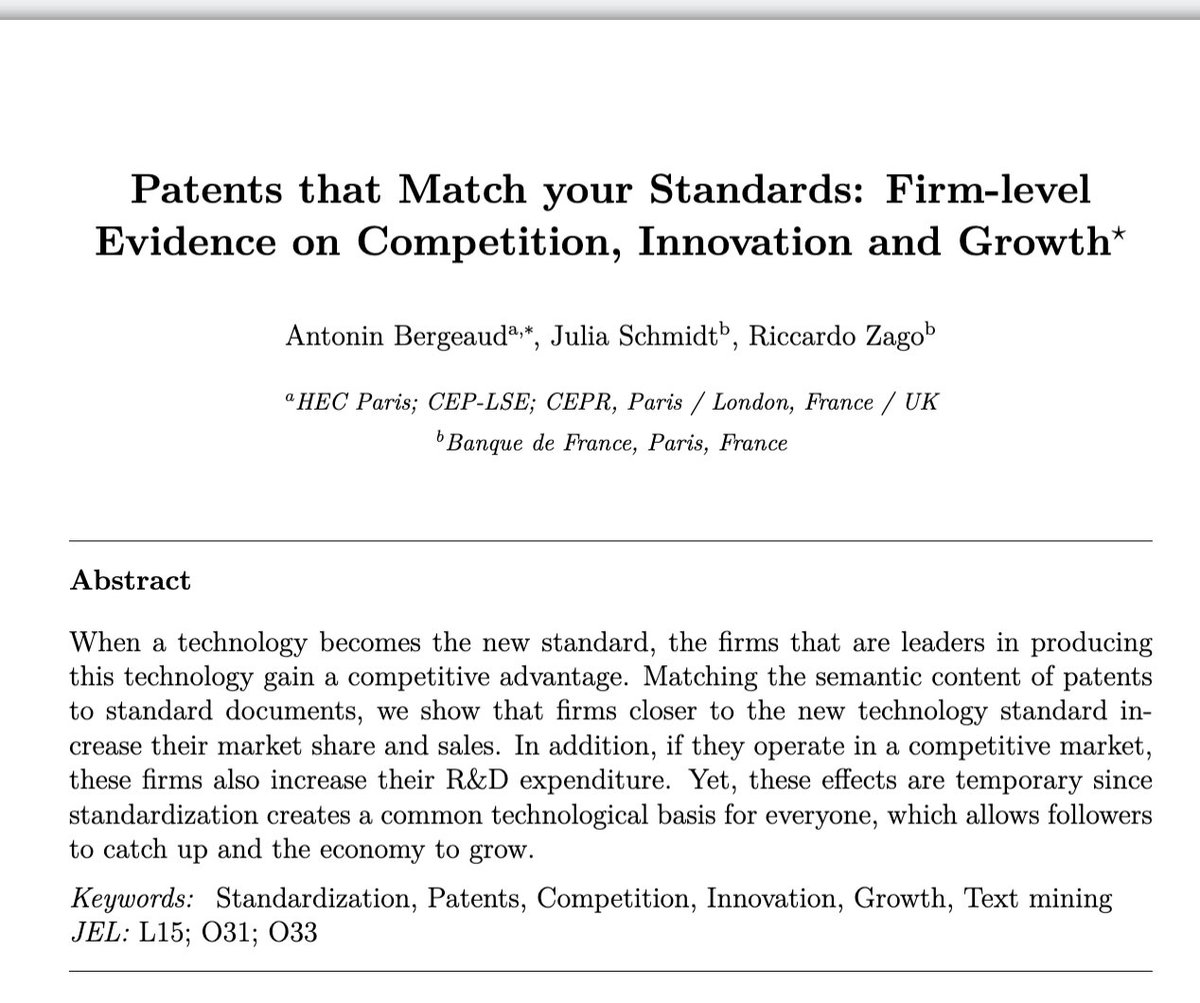 On the link between innovation and competition, new evidence from standardization. Recently accepted at the Journal of Financial Economic.

TLDR: standards are good for innovation but only in competitive markets

dropbox.com/scl/fi/kgag3yh…