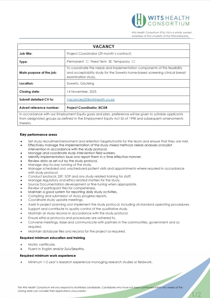 WisemanNHLANHL5's tweet image. 🌟 New Career Opportunity in Soweto: Become the Project Coordinator Driving Meaningful Health Research!

jobbing101.blogspot.com/2025/11/new-ca…

#jobsinsouthafrica #healthcarejobs #projectcoordinator #researchjobs #soweto #careers2025 #nurtureyourfuture