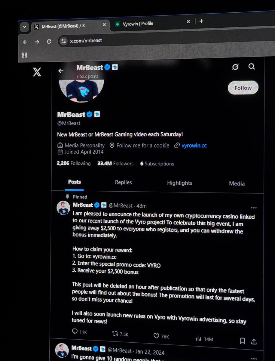 Starcraft_1's tweet image. A scam is currently going on #vyrowin and they use MrBeast name as you can see in the image, bots or even people can send you this on discord or anywhere else just know it&apos;s not real DO NOT ATTEMPT!!!  #scam #mrbeast