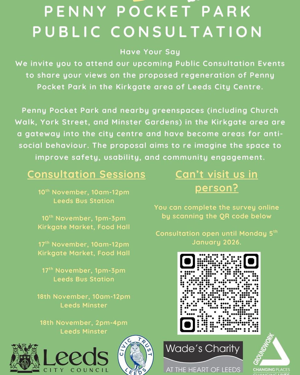 SimonHodgsonLCC's tweet image. 🌳Our partnership proposal to
reimagine &amp;amp; repurpose
#PennyPocketPark &amp;amp; nearby GreenSpaces, is open! #HaveYourSay✅

💚Consultation events below, inc. next week or online here
leedsparks.commonplace.is 💚
 
🌳Safer, cleaner &amp;amp; welcoming 
Parks4People who live, work or visit #Leeds🫶🏽