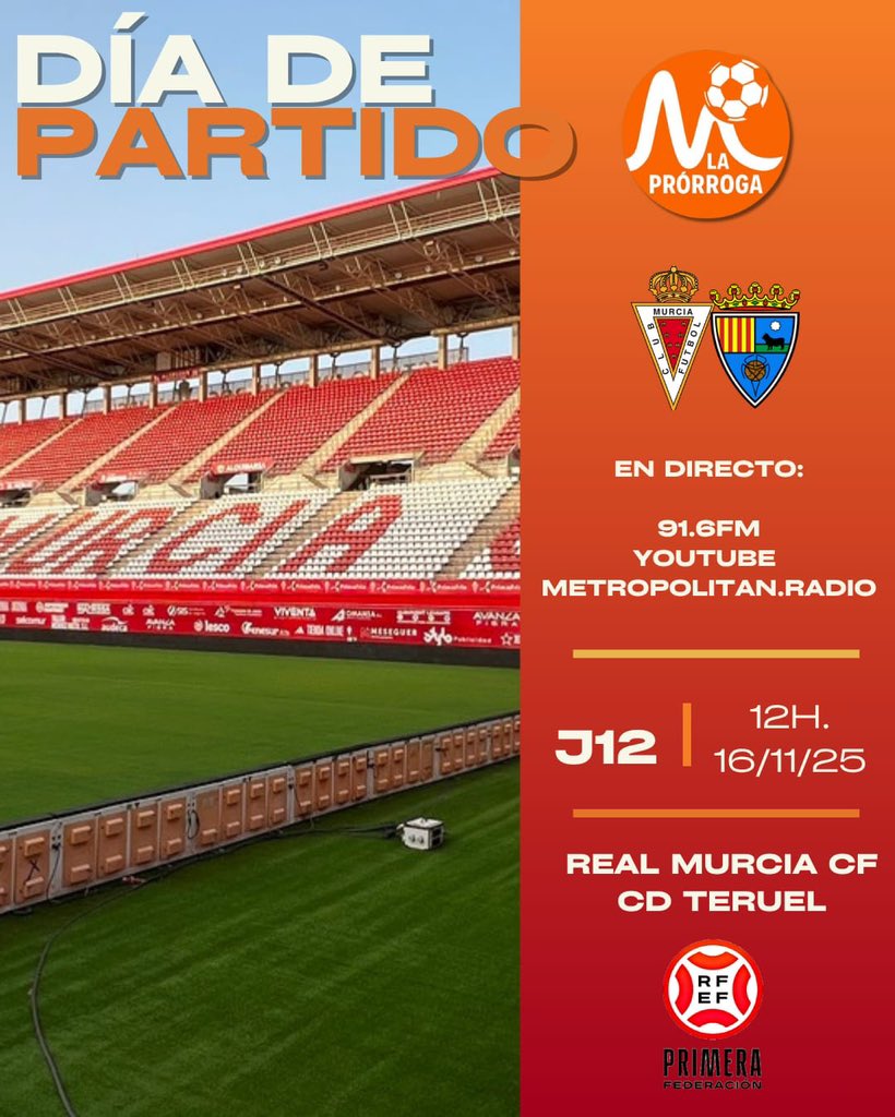 Vive desde las 12 menos cuarto el #RealMurciaCDTeruel íntegro y sin interrupciones en <a href="/MetropolitanRM/">Metropólitan Radio Región de Murcia</a>.

📻 91.6 FM
🔊 metropolitan.radio
📺 youtube.com/@metropolitanr…