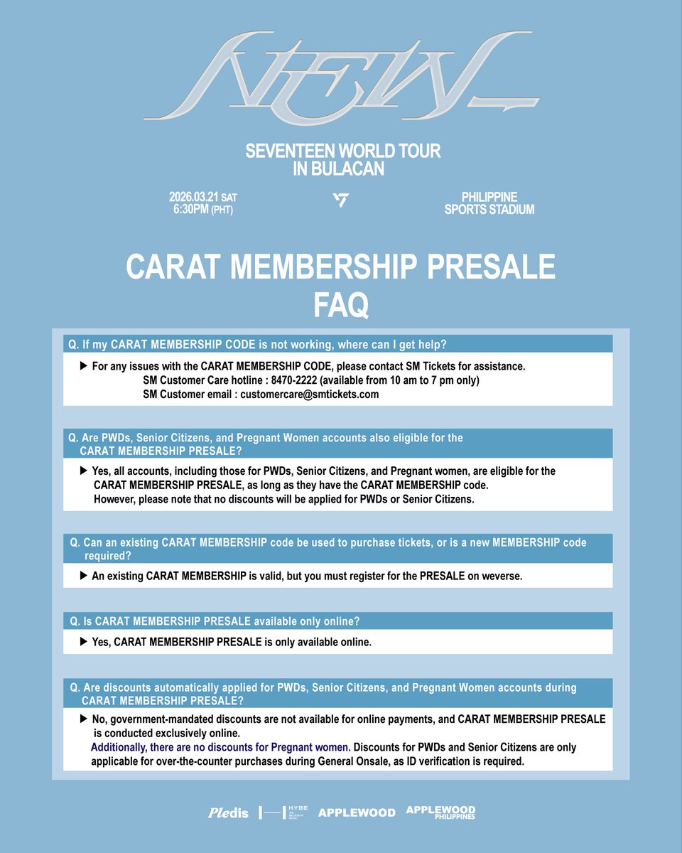 applewood_ph's tweet image. It’s almost time for the CARAT MEMBERSHIP PRESALE!
Make sure to review the guide carefully before purchasing your tickets💝

SEVENTEEN WORLD TOUR [NEW_] IN BULACAN
📅 2026. 03. 21 (SAT) 6:30PM PHT
📍 PHILIPPINE SPORTS STADIUM

▶ CARAT MEMBERSHIP PRESALE : 2025/11/18(TUE) 1PM PHT…