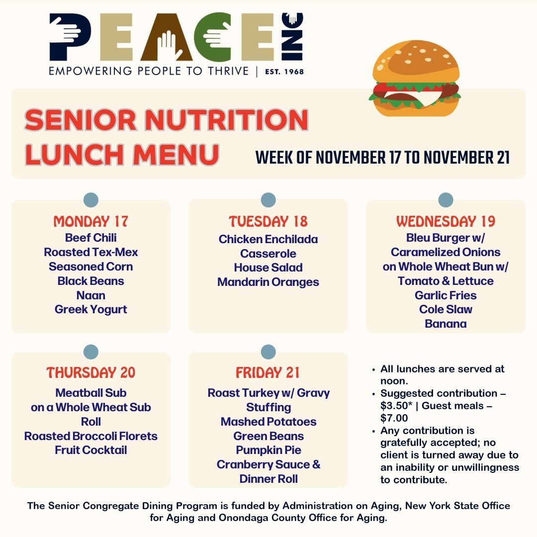 PeaceIncSyr's tweet image. 🥪 Senior Nutrition Program Lunch Menu 🥗

Join us for delicious lunches from November 17 to November 21! 🍽️
For more info, visit: buff.ly/pASGdw4 

#SeniorNutrition #PEACEIncSyr #HealthyEating #FoodServices