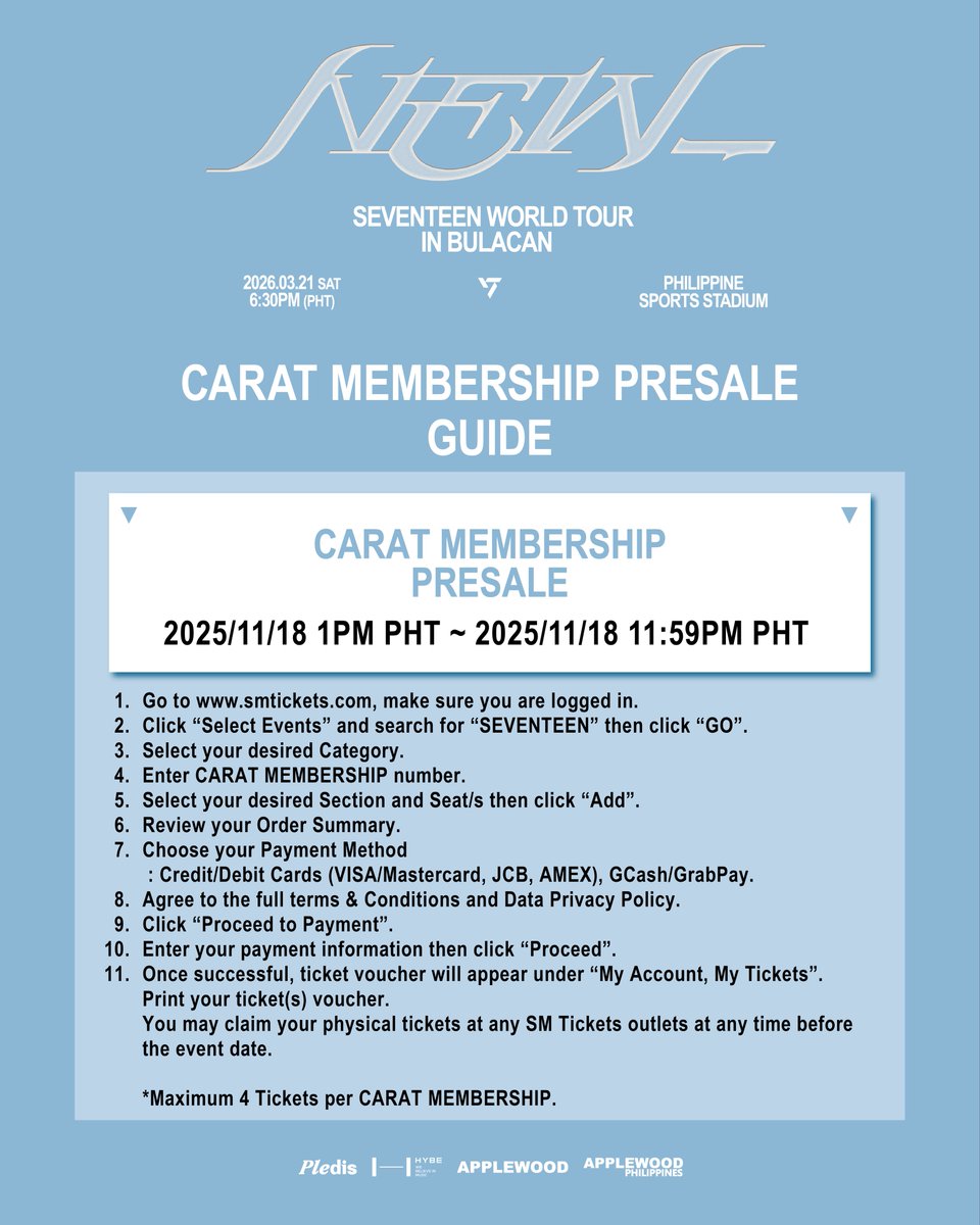 applewood_kr's tweet image. It’s almost time for the CARAT MEMBERSHIP PRESALE!
Make sure to review the guide carefully before purchasing your tickets💝

SEVENTEEN WORLD TOUR [NEW_] IN BULACAN
📅 2026. 03. 21 (SAT) 6:30PM PHT
📍 PHILIPPINE SPORTS STADIUM

▶ CARAT MEMBERSHIP PRESALE : 2025/11/18(TUE) 1PM PHT…