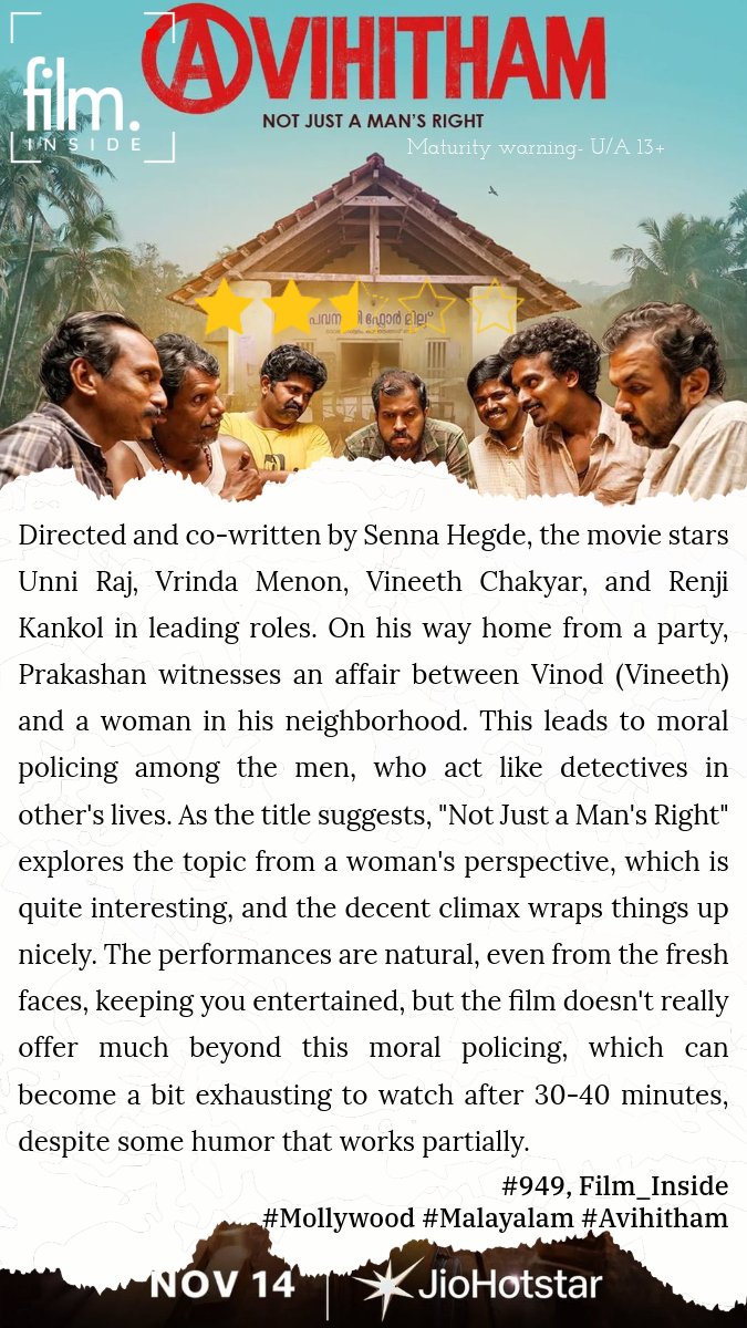 film_inside_'s tweet image. #949 #Avihitham @sennaHEGDE #UnniRaj #Vrindamenon #VineethChakyar #RenjiKankol @JioHotstar #AvihithamOnHotstar #JioHotstar #Mollywood #MalyalamCinema #MalayalamMovies #Malayalam