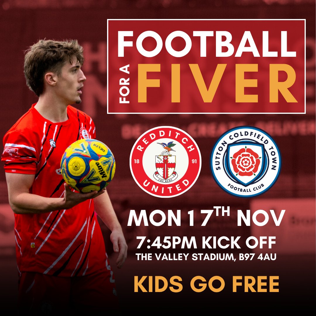 Football for a Fiver tomorrow night! 🏆

Our Birmingham Senior Cup journey begins against Sutton Coldfield Town under the Valley lights for some Monday night football.

🎟️ Entry is just £5, U13s go free. Cash or card available, or purchase online ⤵️
redditchunited.co.uk/football-for-a…