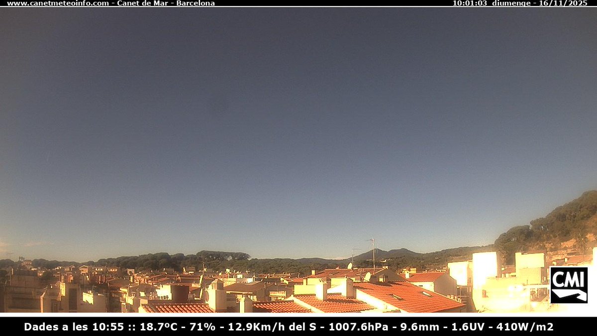 #CMI Canet de Mar
🕒 Hora: 11:00
🌡️ Temp: 18.9ºC
💧 Humitat: 69%
🌬️ Vent: 3.2 Km/h del S
📉 Pressió: 1007.7 hPa
🌧️ Precip: 9.6 mm
🔆 UVI: 1.7
☀️ Radiació: 418 V/m2
 📡 ClimaMeteoInfo
