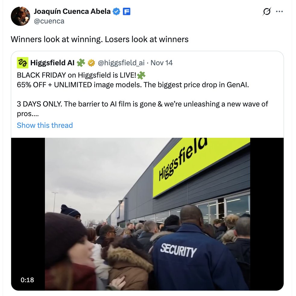 jackcoder0's tweet image. On November 15th Higgsfield dropped the largest GenAI Black Friday deal in history.

Their ad was a brutal roast of Freepik and Invideo.

Now Freepik&apos;s CEO is posting emotional replies. Here is the breakdown.