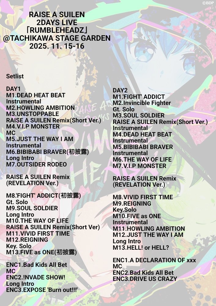 RAISE A SUILEN 2DAYS LIVE「RUMBLEHEADZ」
@ TACHIKAWA STAGE GARDEN
2025. 11. 15-16
 #RAS_RUMBLEHEADZ_Day1
 #RAS_RUMBLEHEADZ_Day2
 #RAS_RUMBLEHEADZ

セットリスト