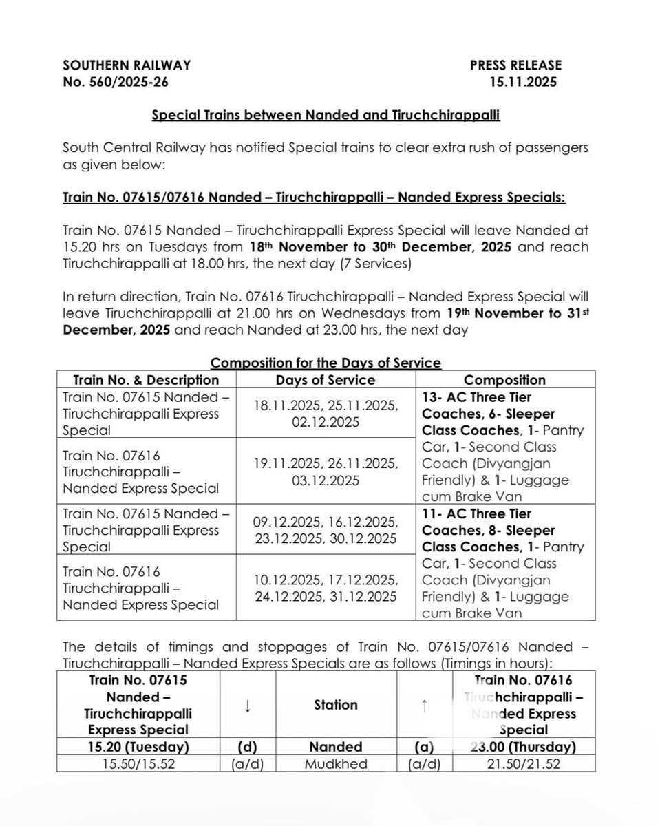 TrichyTreasures's tweet image. TOD special train between Tiruchirappalli-Nanded(Maharashtra) via Charlapalli(Hyderabad), Tirupathi, Katpadi, Tiruvannamalai, Srirangam. Total 7 trips each way from 18.11.2025 to 31.12.2025 #Trichy #Nanded #Tirupathi #Hyderabad @GMSRailway  @duraivaikooffl @ArunNehru_DMK