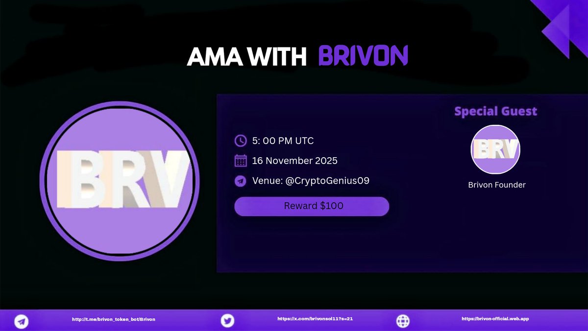 Crypto_Genius09's tweet photo. Join us for the #TextAMA with @Brivonsol11 on 17 November at 5 PM UTC.
🎁Reward: $100
🏛️AMA Room: https://t.co/8YY6eY4UEn
Rules:
☑️Follow @Brivonsol11 & @Crypto_Genius09
☑️Like, Retweet & Comment Questions (Max 3) https://t.co/5nPN9Wf6ll