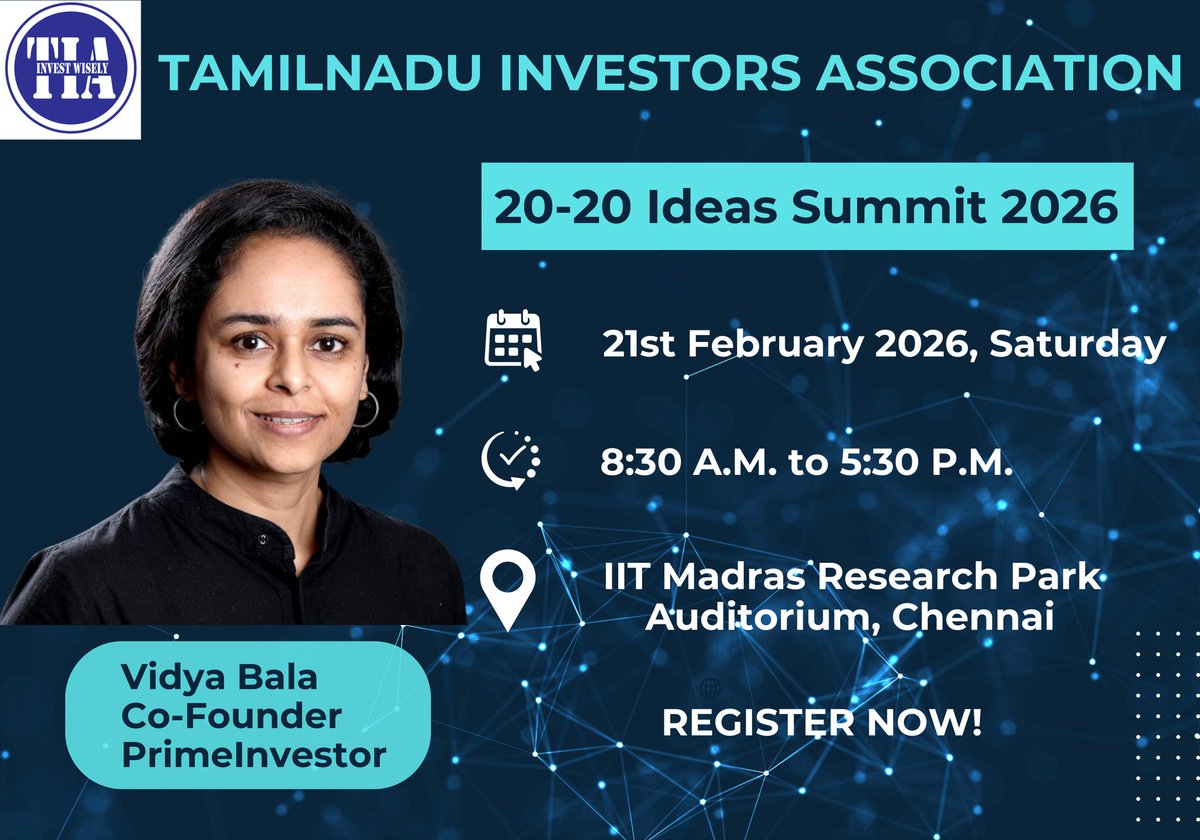 Vidya Bala, Co-Founder, PrimeInvestor, will be speaking at TIA 20-20 Ideas Summit 2026 !
<a href="/bala_vidya/">Vidya Bala</a> <a href="/primeinvestorin/">PrimeInvestor</a>

Link to Register :

docs.google.com/forms/d/e/1FAI…