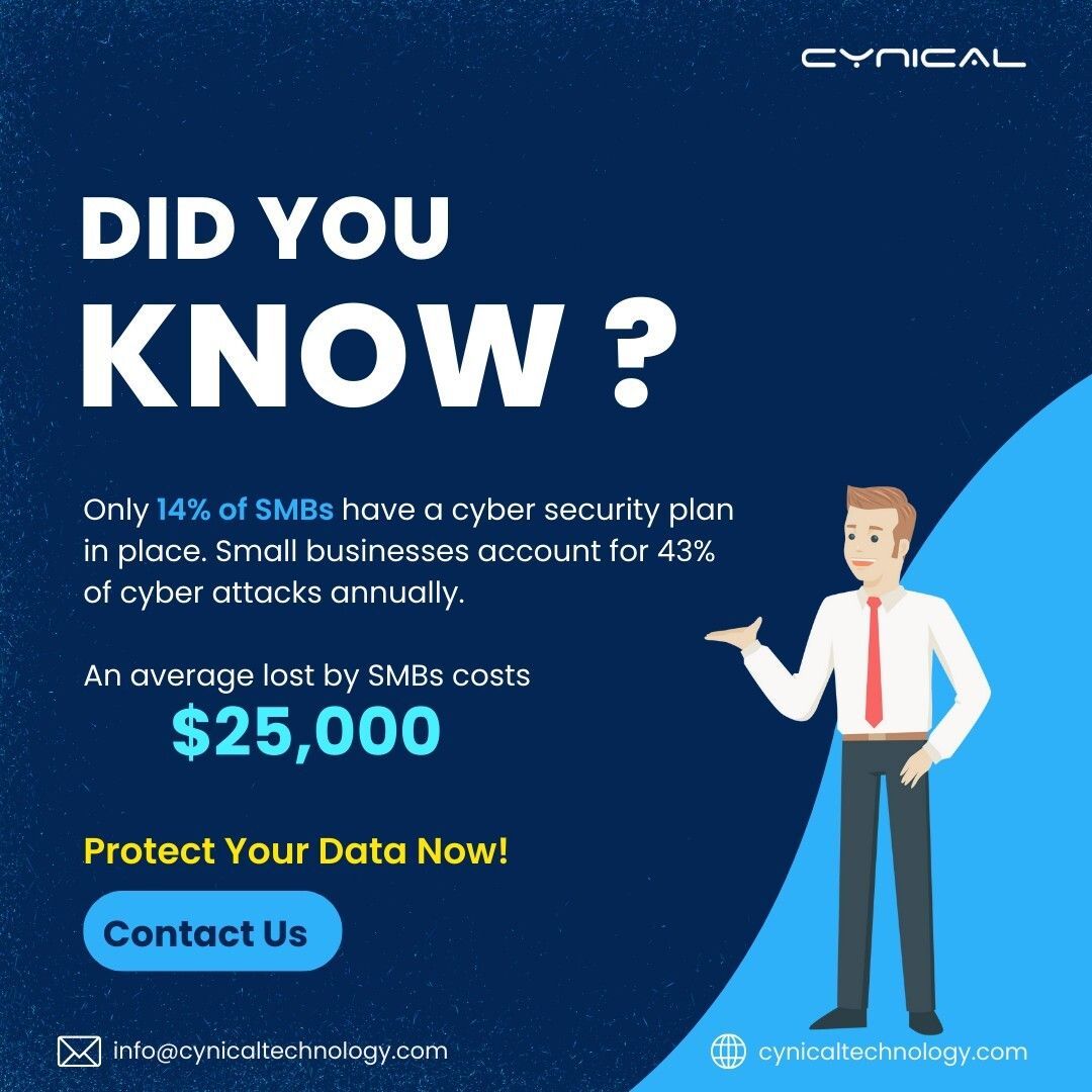 cynical_sec's tweet image. SMBs take nearly half of all cyber attacks
but only 14% are actually prepared.

$25,000 is the average loss.
Don’t let your business be part of that statistic.

#CyberSecurity #CynicalTechnology #SMBSecurity #DataProtection #InfoSec