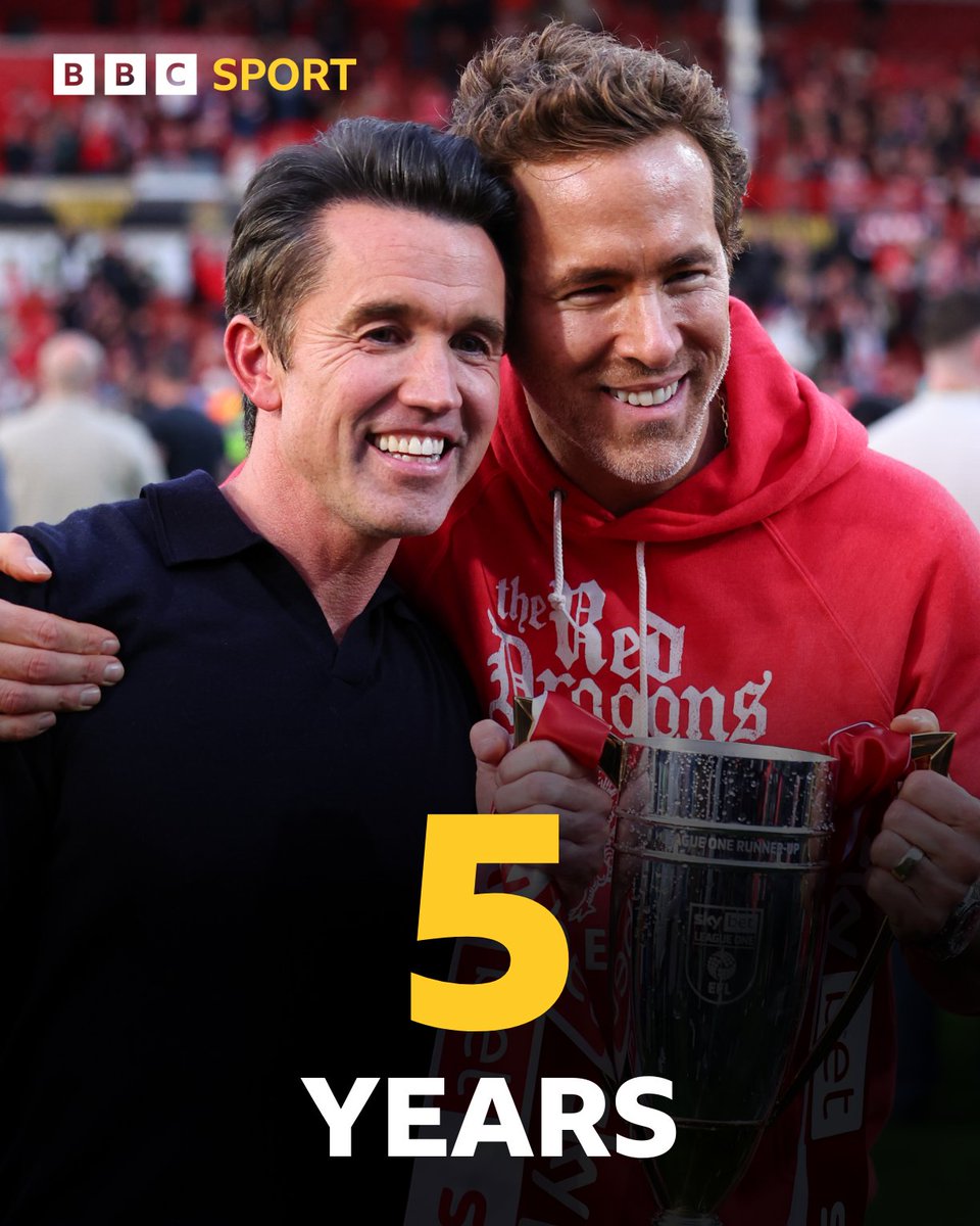 Five years ago Hollywood stars Ryan Reynolds and Rob McElhenney's takeover of Wrexham started an adventure which has lead the club from non-league to the Championship ⚽️

#BBCFootball
