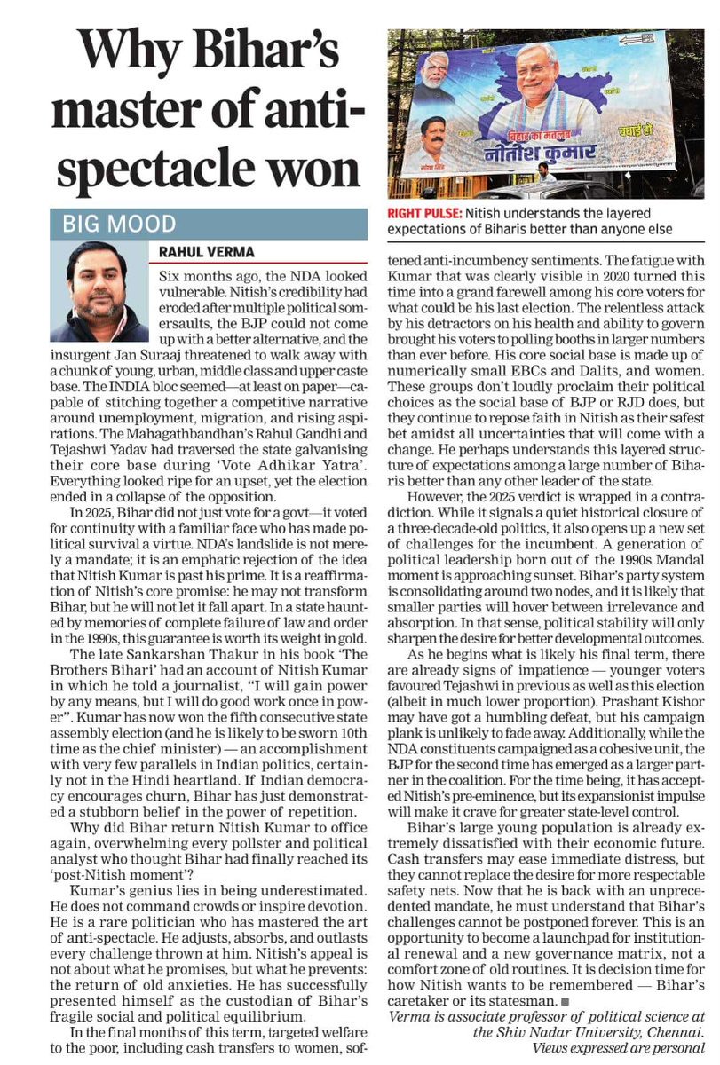 Why did Bihar return Nitish Kumar to office again? 

my piece for Sunday TOI: bit.ly/3WZ1EVC

But now its decision time for how he wants to be remembered — Bihar’s caretaker or its statesman.