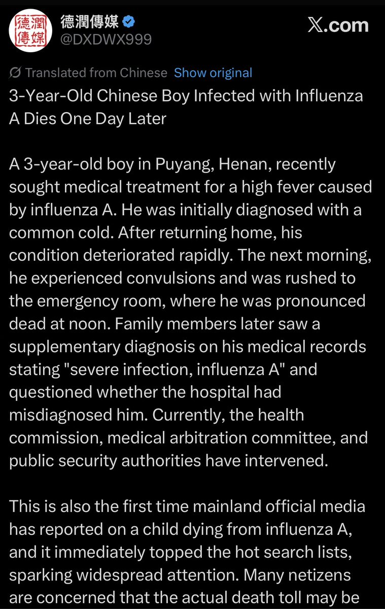 Clearly children are experiencing the severe effects of this H3N2 clade circulating throughout Asia. Very unusual for China to openly report stuff like this.