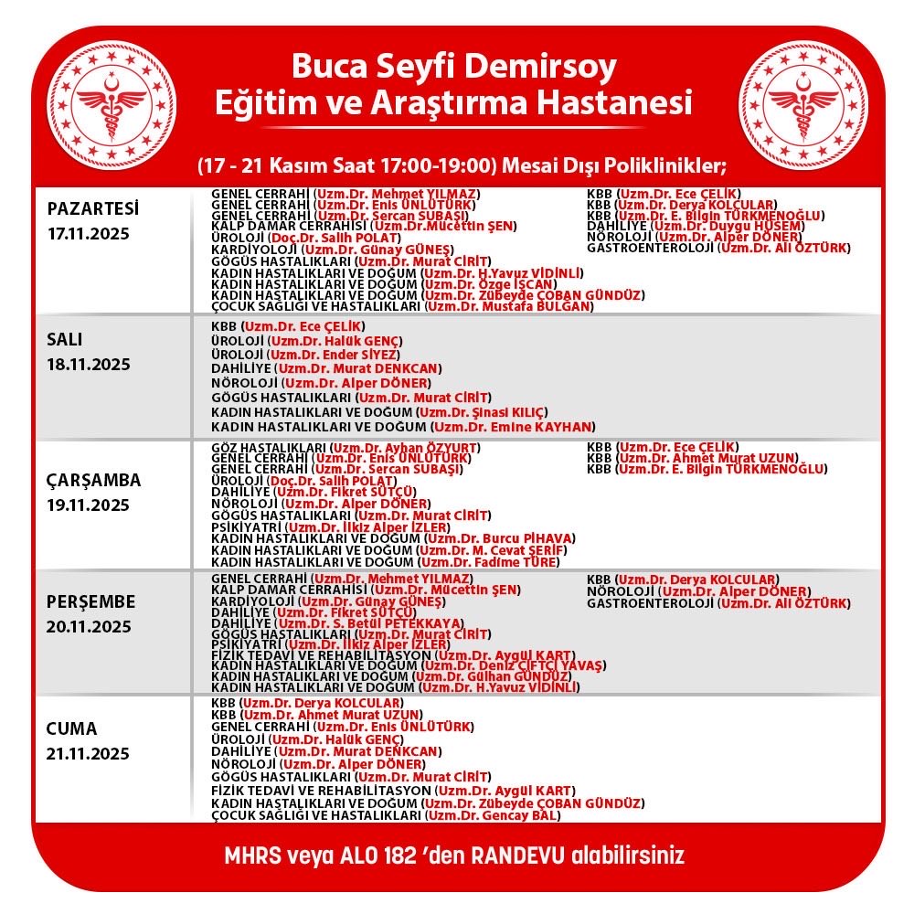17 - 21 Kasım 2025 Tarihli Mesai Dışı Poliklinikleri

2025 yılı Kasım ayı mesai dışı ayrıntılı hekim çalışma listesine web sitemizden ulaşabilirsiniz…

bucadh.saglik.gov.tr/TR-852810/mesa…

#mesaidışıpoliklinikhizmeti #sağlıkbakanlığı #izmirilsağlıkmüdürlüğü #bucaseyfidemirsoyeah