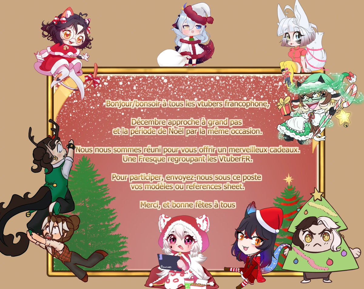 [PROJET DE NOËL]
Bonsoir à tous,
Cette année avec d'autres artistes nous allons dessiner autant de Vtuber FR que possible.
Si vous souhaitez que votre model soit dessiné, n'hésitez pas à me poster sous ce tweet ou nous envoyer sa refsheet