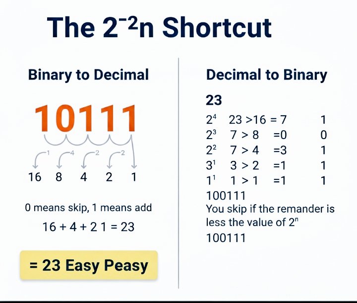 NSholadoye's tweet image. Struggling with Binary to Decimal or vice-versa? 🤯
The 2ⁿ {n=place value of the digits} Shortcut is super easy.
Binary to Decimal : Assign powers of 2 (16, 8, 4, 2, 1). Match or compare the binary to the 2ⁿ values, 0 means SKIP  or 1 means ADD. 
#Binary #TechTips #subnetting
