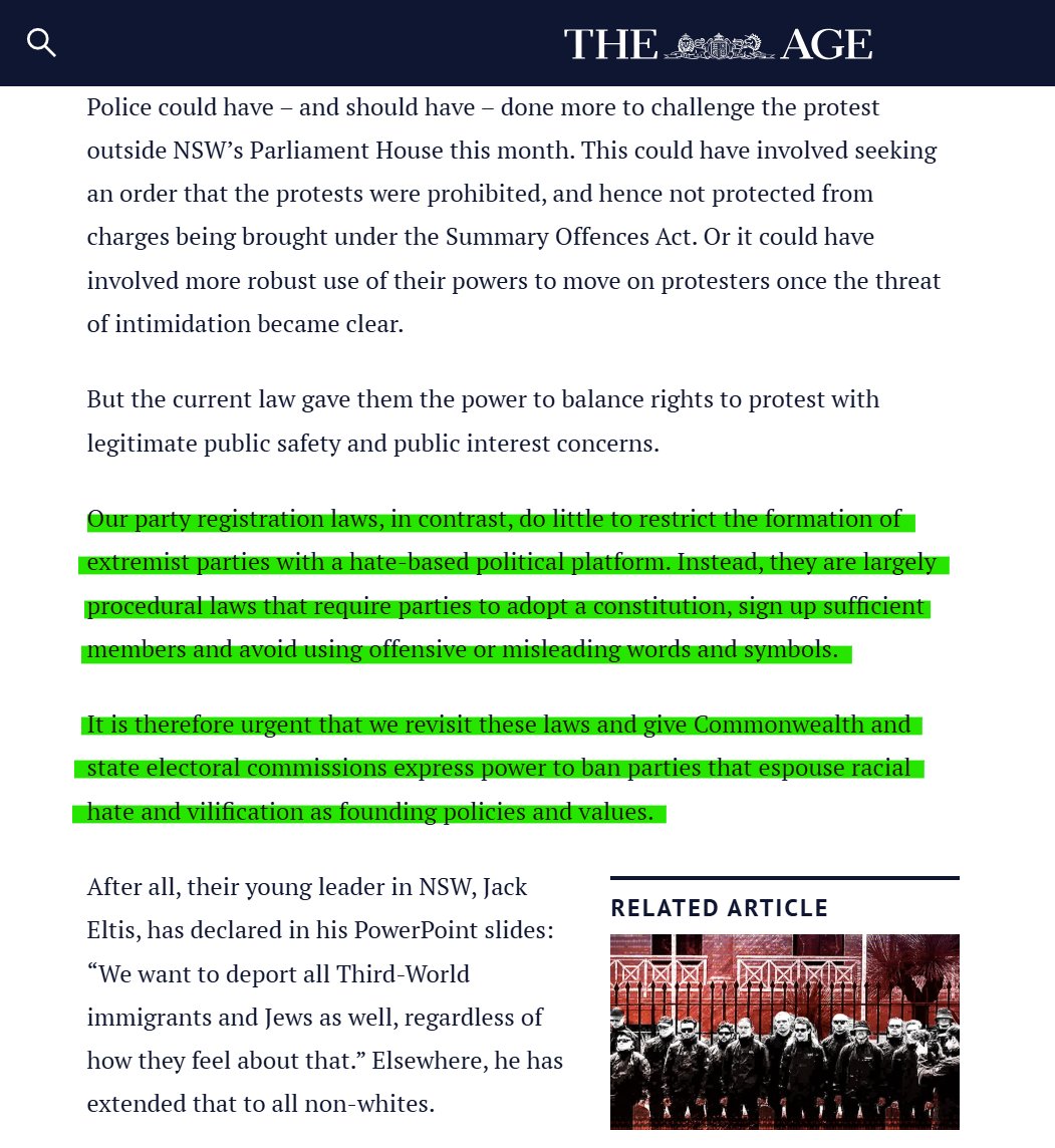 So it would seem that <a href="/theage/">The Age</a> is now proposing that the Australian Federal Government change the Australian Electoral Commission laws that prevent anyone, or any group from forming a Political Party that 'Espouses Racial Hates and Vilification as Founding policies &amp; values' 

Is